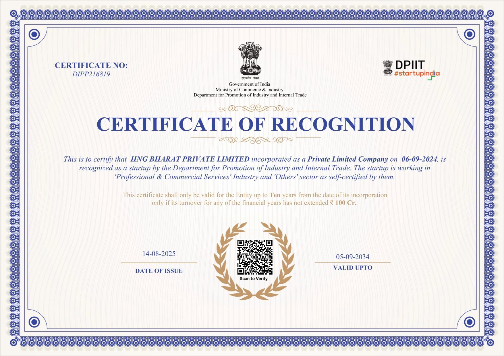 HNG Bharat Certificate of Recognition